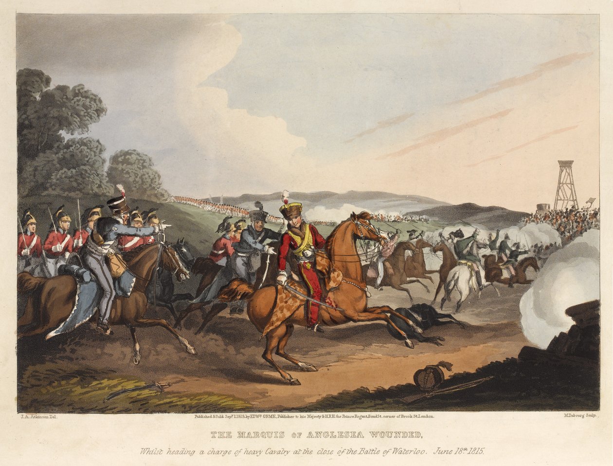 De Markies van Anglesea gewond, terwijl hij een aanval van zware cavalerie leidde aan het einde van de Slag bij Waterloo, 18 juni 1815, gegraveerd door M. Dubourg, 1819 door John Augustus Atkinson
