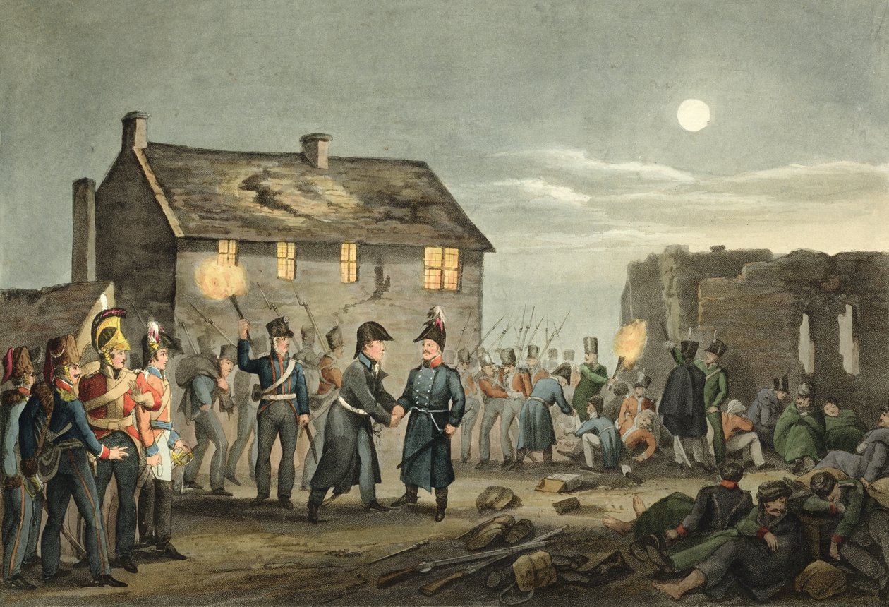Wellington en Blücher ontmoeten elkaar per ongeluk aan het einde van de Slag bij Waterloo, gegraveerd door Matthew Dubourg (fl.1813-20) uit 
