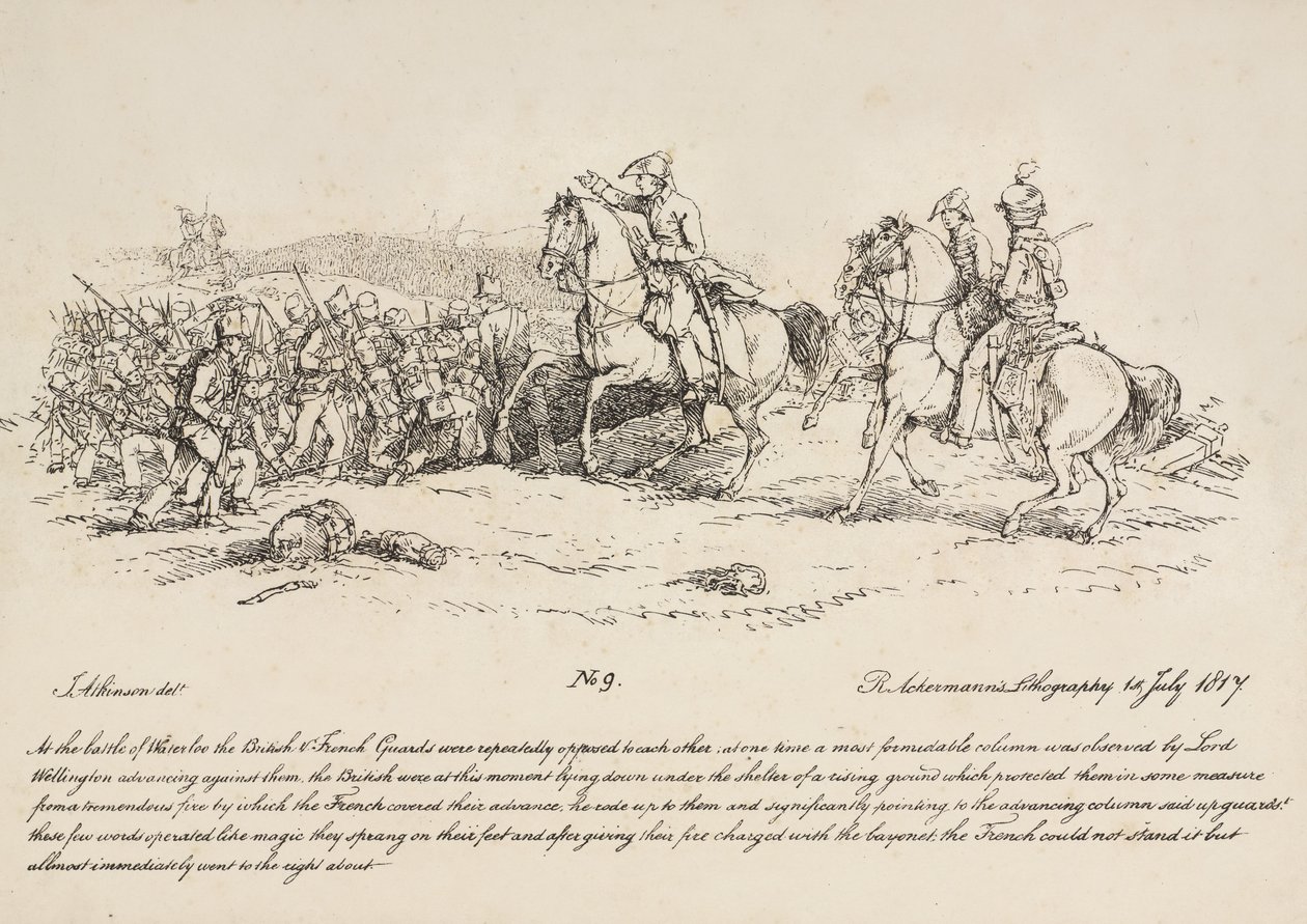 Wellington leidt een aanval van de wacht tegen een Franse colonne bij Waterloo, lithografie door R. Ackermann, 1815 door John Augustus Atkinson