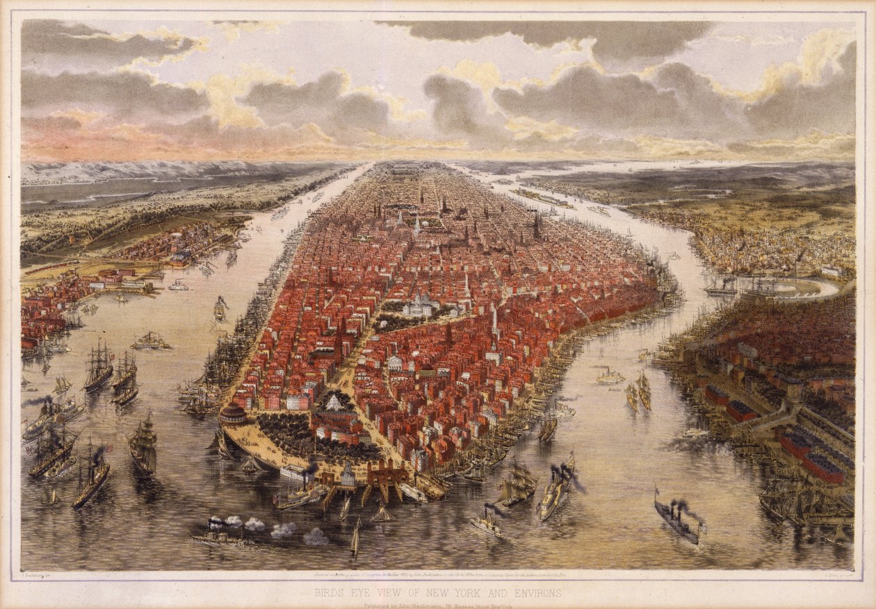Vogelvlucht van New York en Omgeving, 1865 door John Bachmann