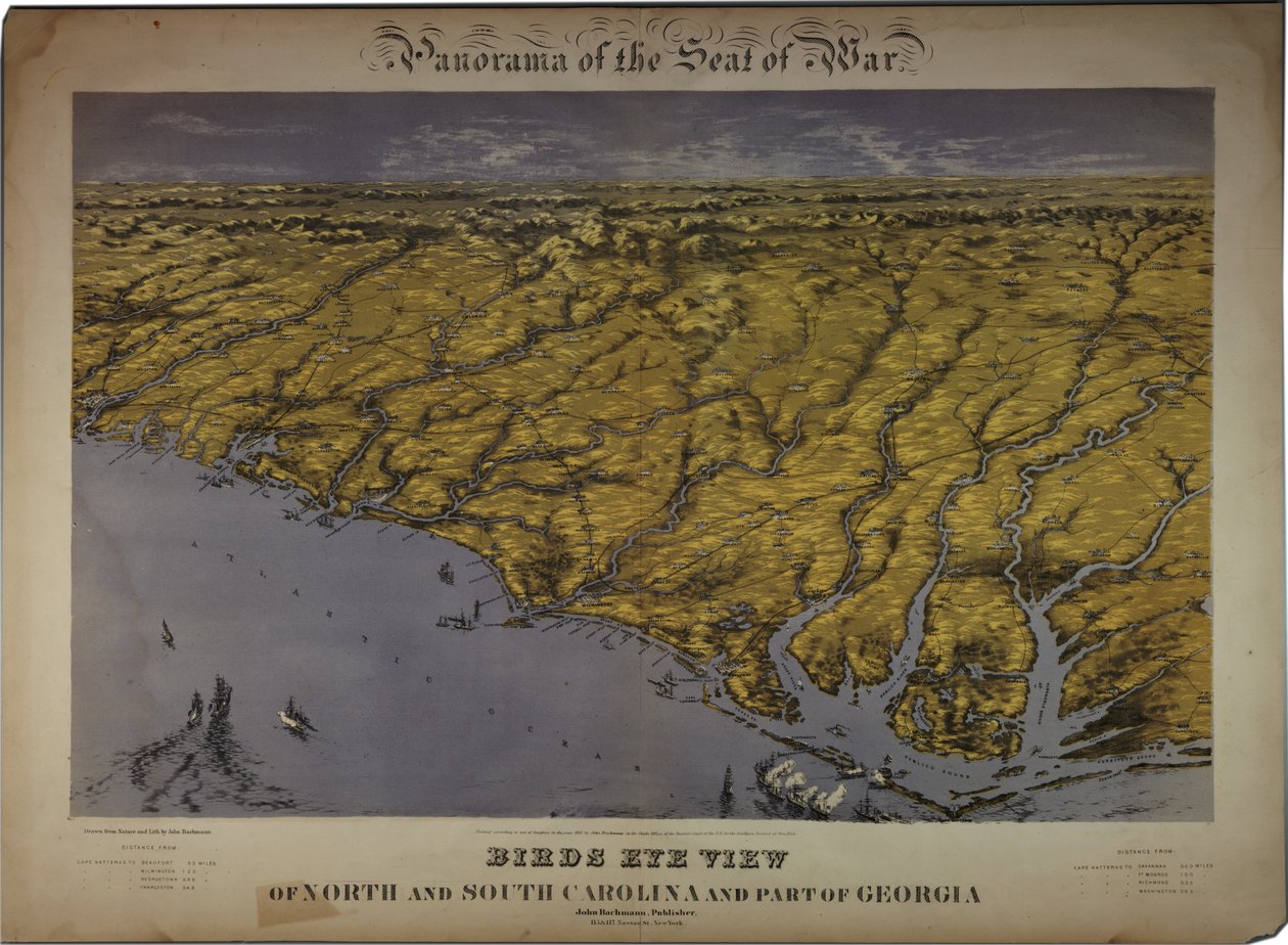 Panorama van het oorlogsgebied: Vogelvlucht van Noord- en Zuid-Carolina en een deel van Georgia door John Bachmann