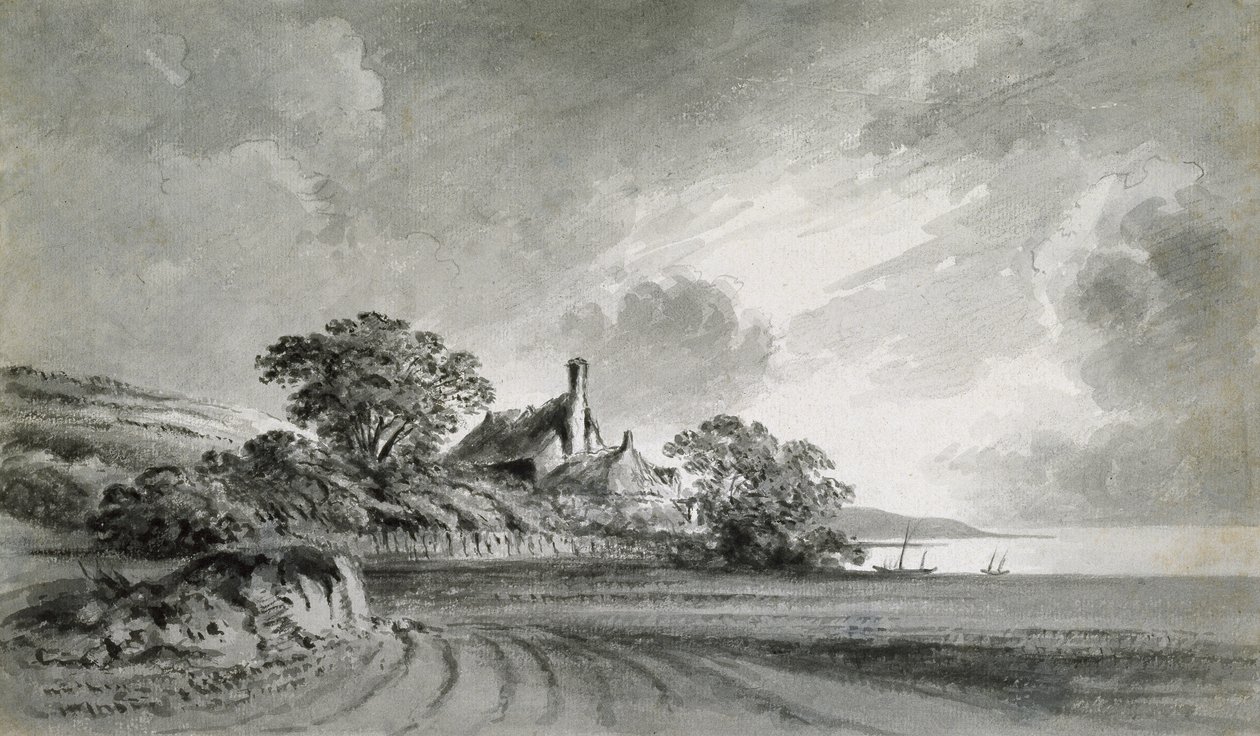 Een Cottage nabij de Oever van een Meer door John Baptist Malchair