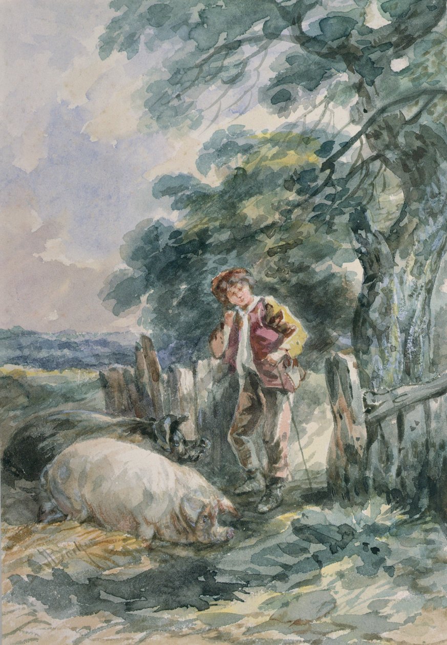 Landschapsschets, met een jongen en twee varkens door John Barker