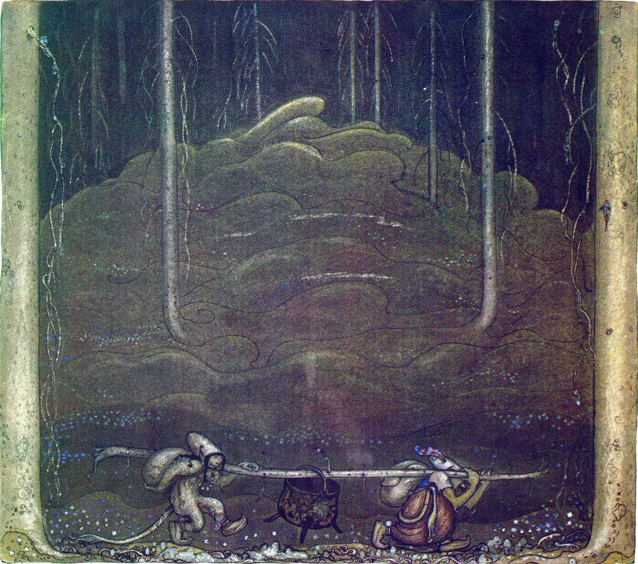 Toen de avond viel, slopen trolmoeder en de jongen de berg uit. Ze droegen de ketel van de trollen tussen hen in op een stok door John Bauer