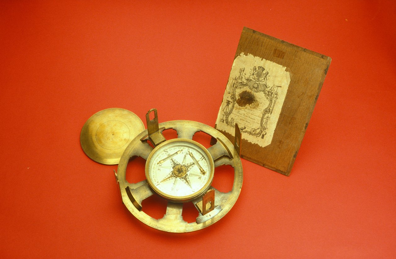 Eenvoudige theodoliet met handelskaart aan de binnenkant van de koffer, c.1780 door John Bennett