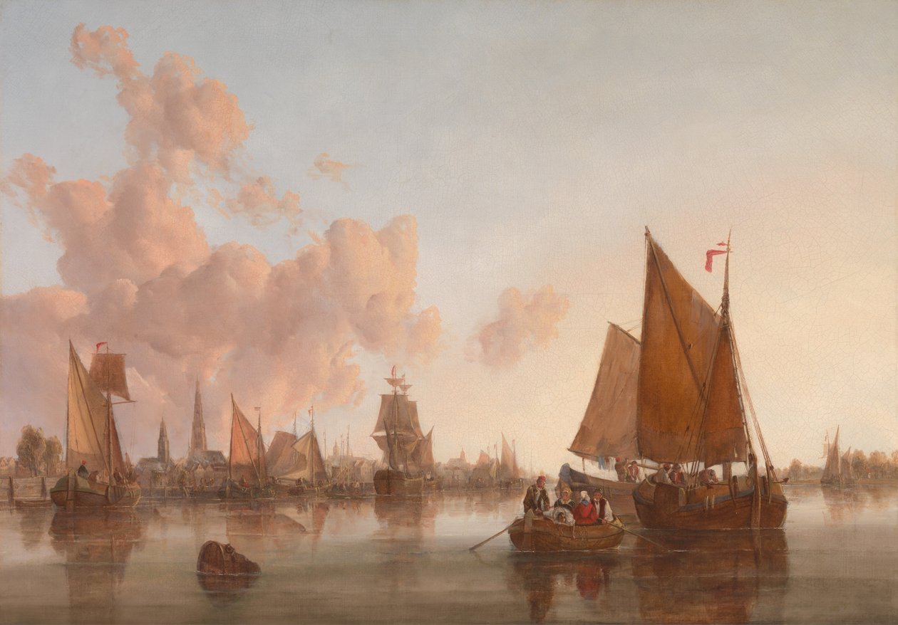 Zeilboten en schuiten op een Nederlandse riviermonding door John Crome