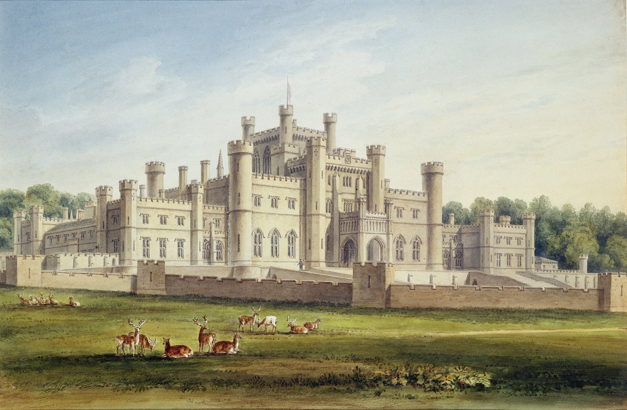 Noordoostelijk Uitzicht op Lowther Castle, Westmoreland, Zetel van de Graaf van Lonsdale, 1814 door John Chessell Buckler