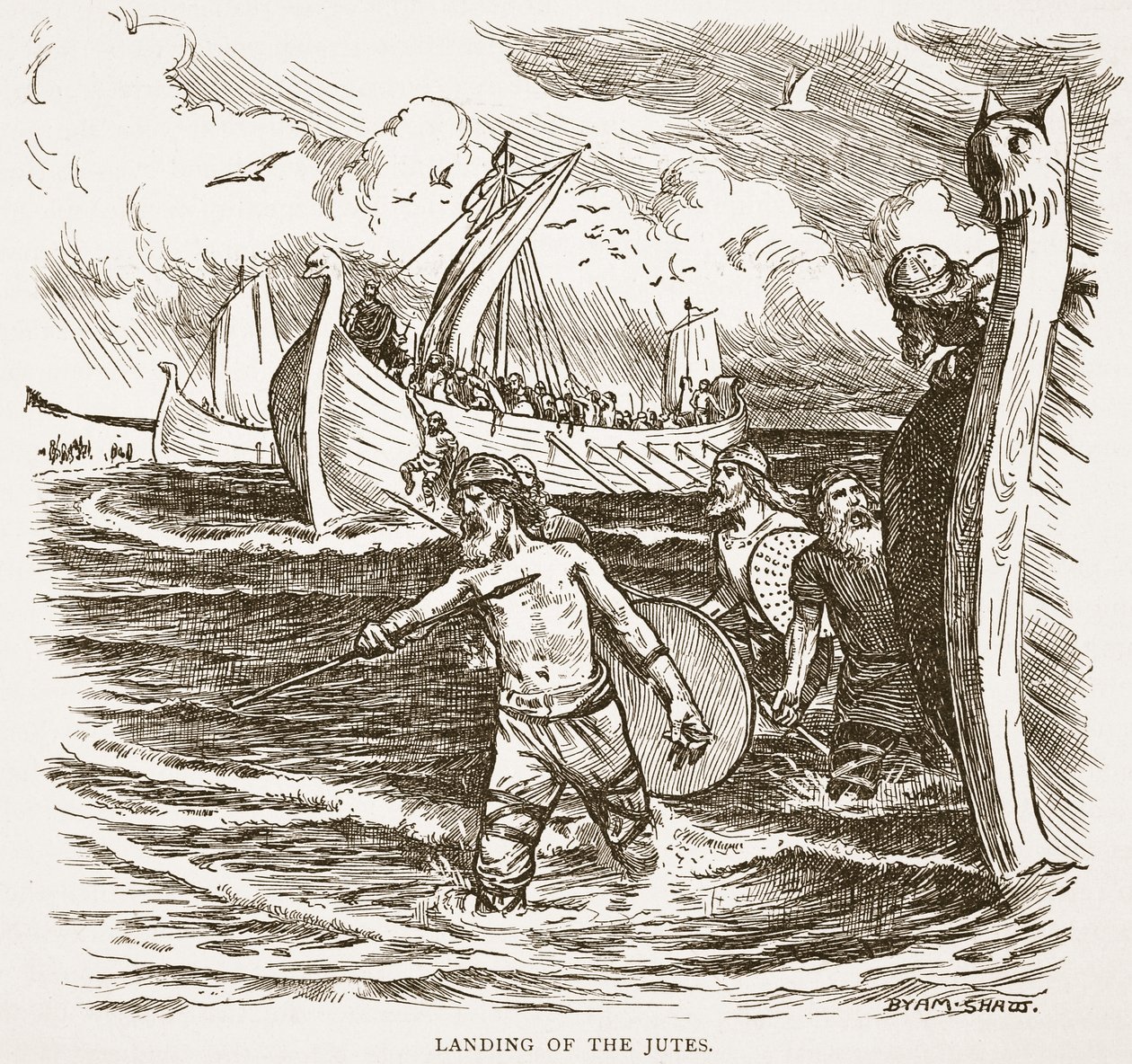 De landing van de Juten op het eiland Thanet, Kent, Engeland, 449 AD, illustratie uit 
