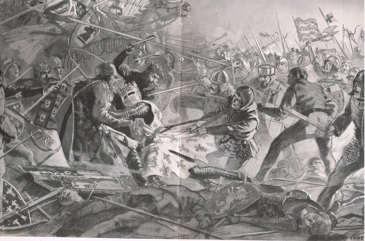 Philip viel opnieuw aan totdat hij door de Engelse infanterie van zijn paard werd getrokken, illustratie uit 