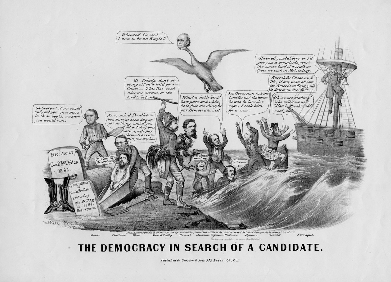 De democratie op zoek naar een kandidaat, uitgegeven door Currier und Ives, New York, 1868 door John Cameron