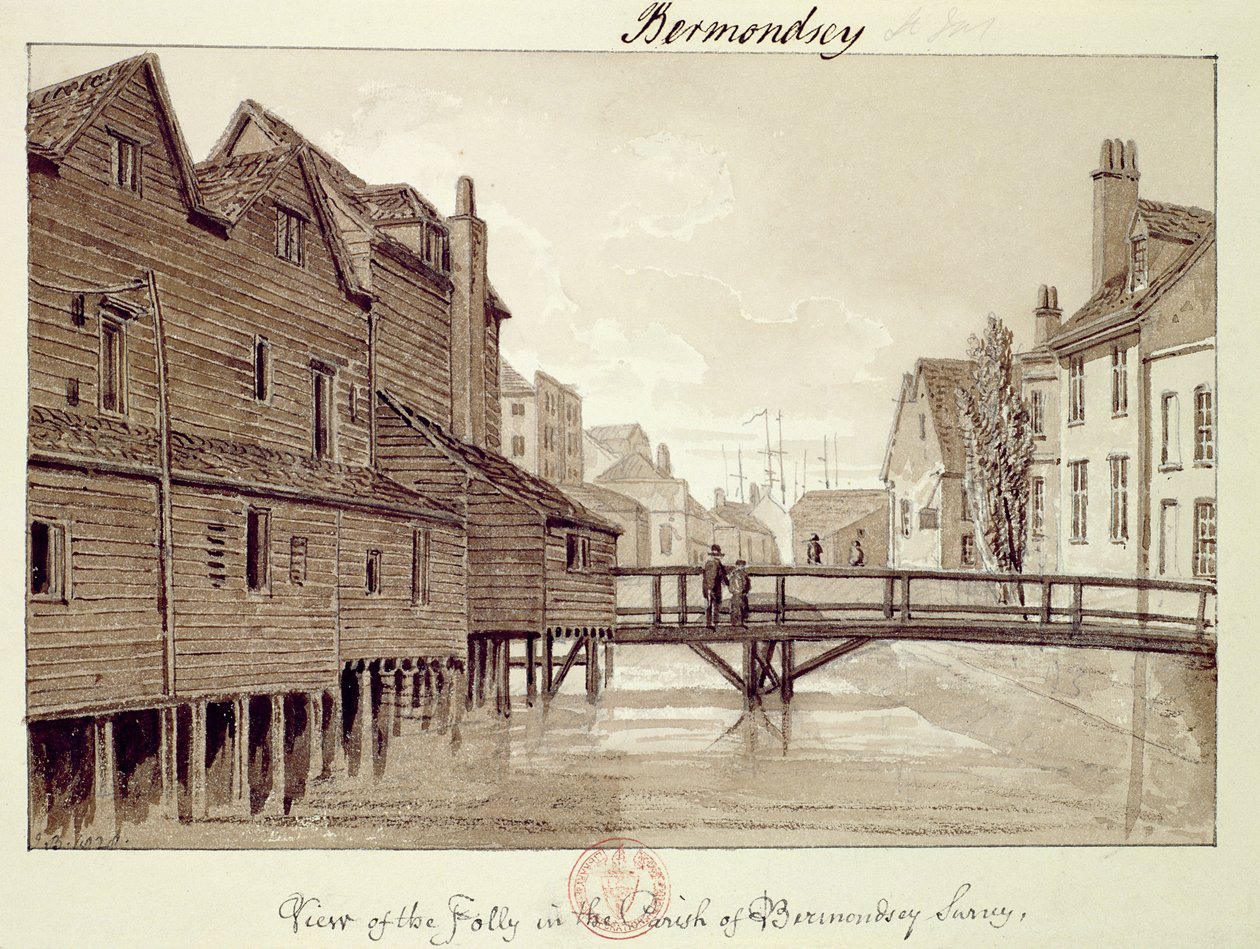 Uitzicht op de Folly, Dockhead, Bermondsey, 1828 uit 