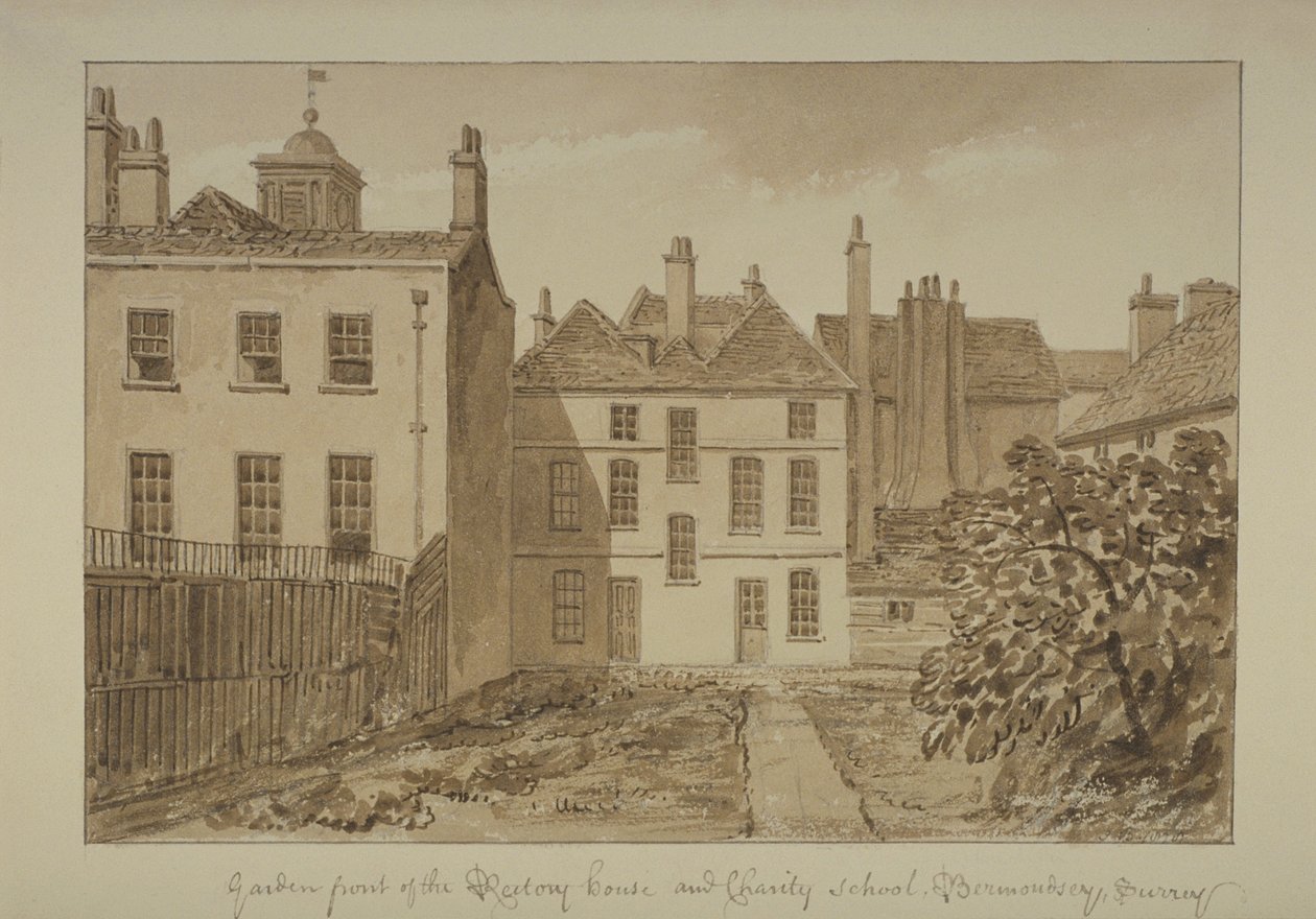 Zicht op de pastorie en liefdadigheidsschool van St Mary Magdalen, Bermondsey, 1828 door John Chessell Buckler
