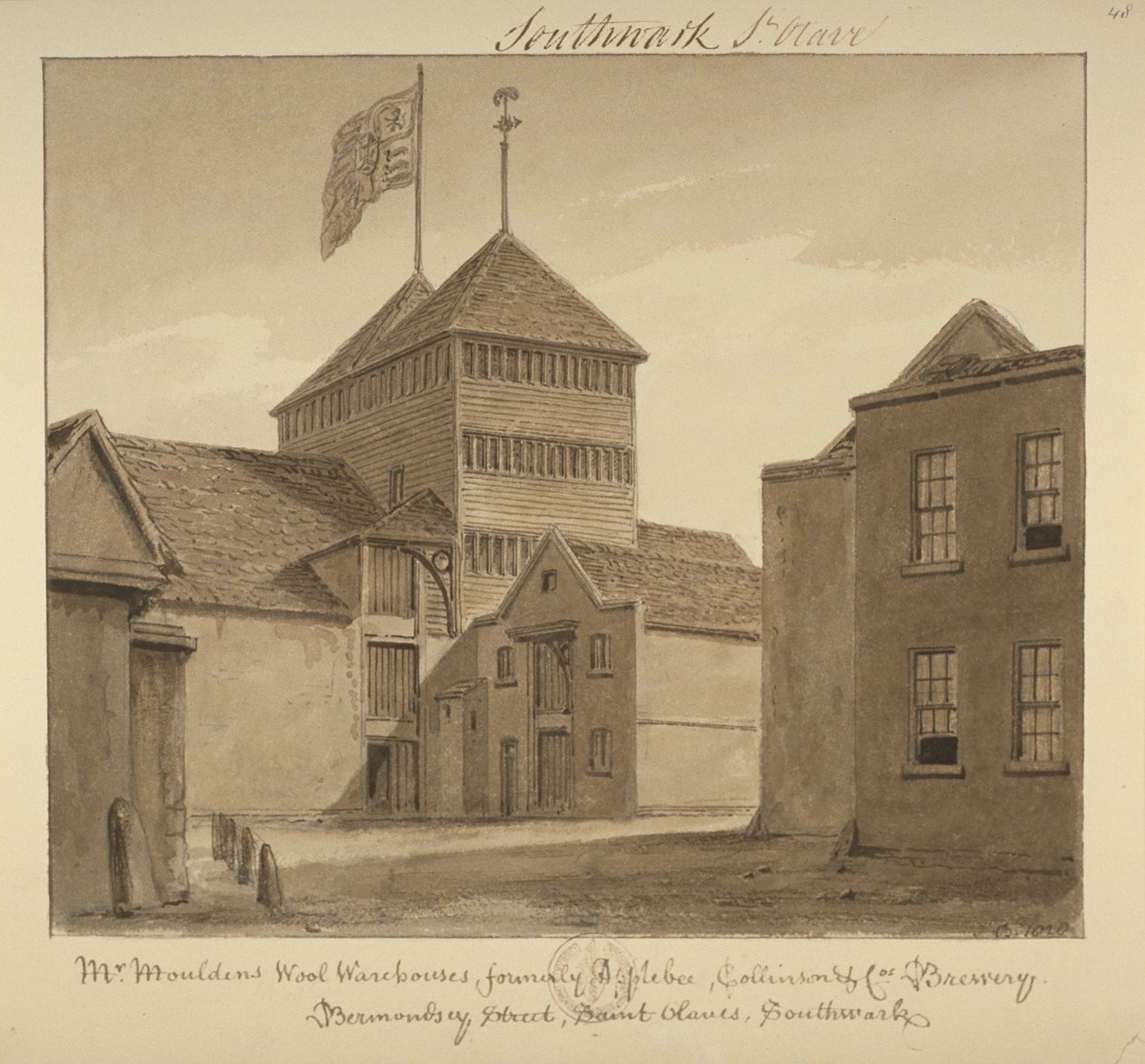 Uitzicht op wolpakhuizen in Bermondsey Street, 1828 door John Chessell Buckler