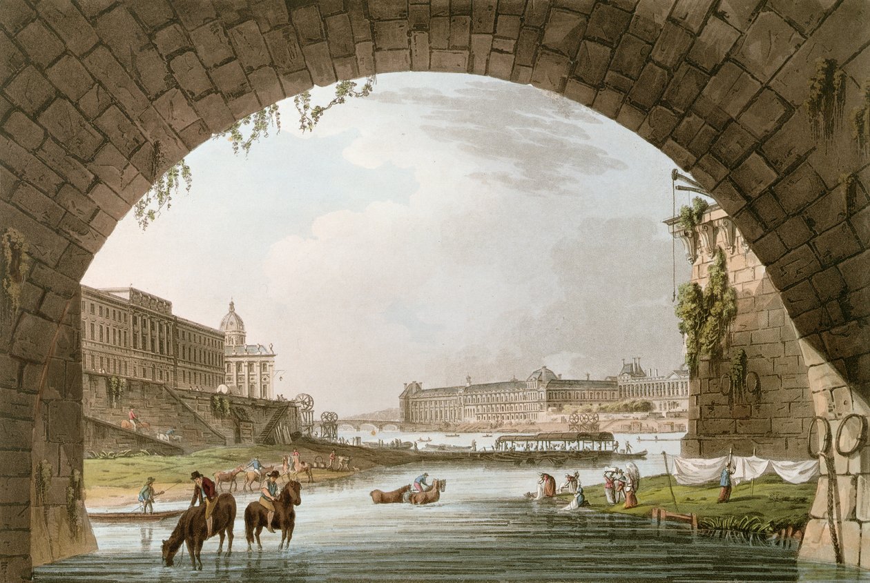 Panorama van de rivier de Seine gezien vanaf onder de Pont Neuf kijkend naar het westen richting het Louvre, La Monnaie en het College de Quatre Nations, illustratie voor 
