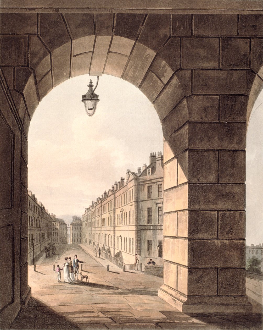 Pulteney Street eindigend in Laura Place gezien door de poort van Sydney Gardens, uit 