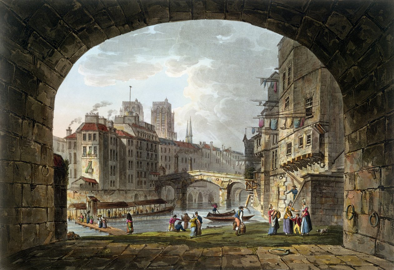 Uitzicht op de Pont du Chatelet en de Notre-Dame kathedraal, 1810 door John Claude Nattes