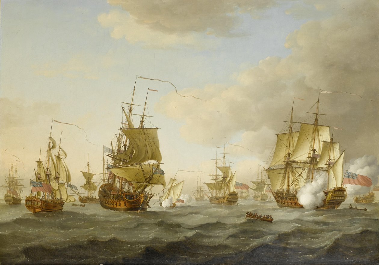 De vloot van admiraal Byng vertrekt uit Spithead door John Cleveley the elder