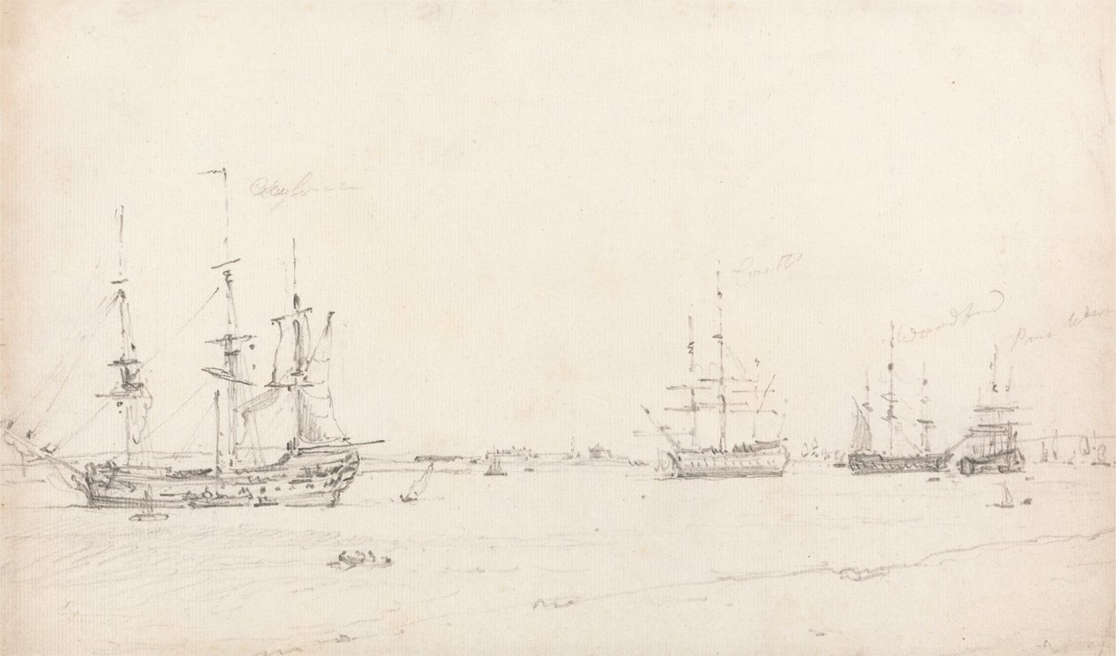 Vier Oost-Indiëvaarders bij Anker door John Constable