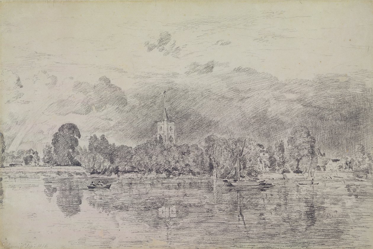 Fulham kerk vanaf de overkant van de rivier, 1818 door John Constable
