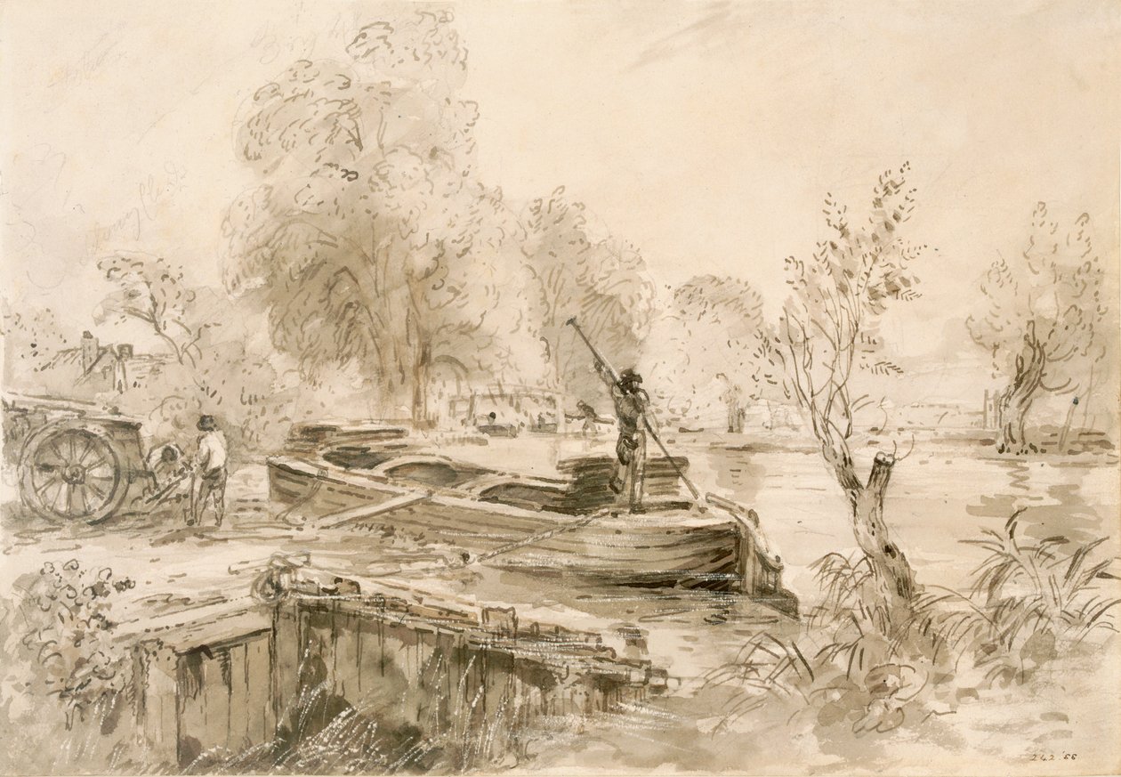 Mannen laden een schuit op de Stour, 1827 (potlood, pen en grijze was op papier) door John Constable