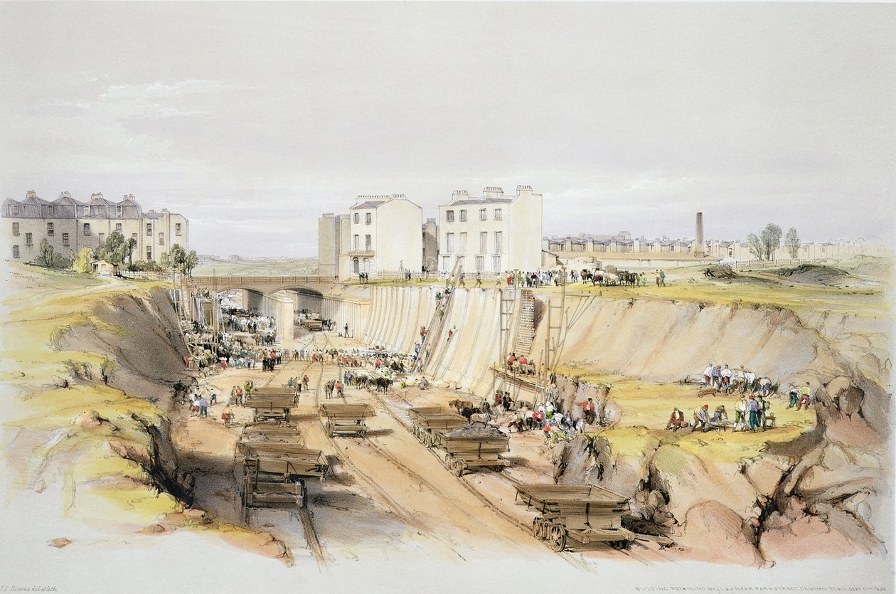 Bouw van de keermuur bij Park Street, Camden Town, 17 september 1836, gegraveerd door de kunstenaar, 1838 door John Cooke Bourne