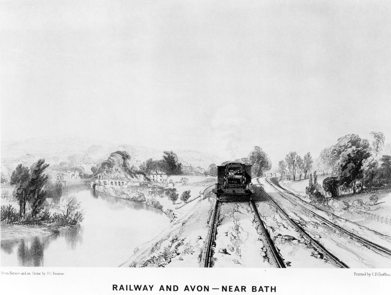 Spoorweg en Avon, nabij Bath, gedrukt door C. F. Cheffins, 1843 door John Cooke Bourne