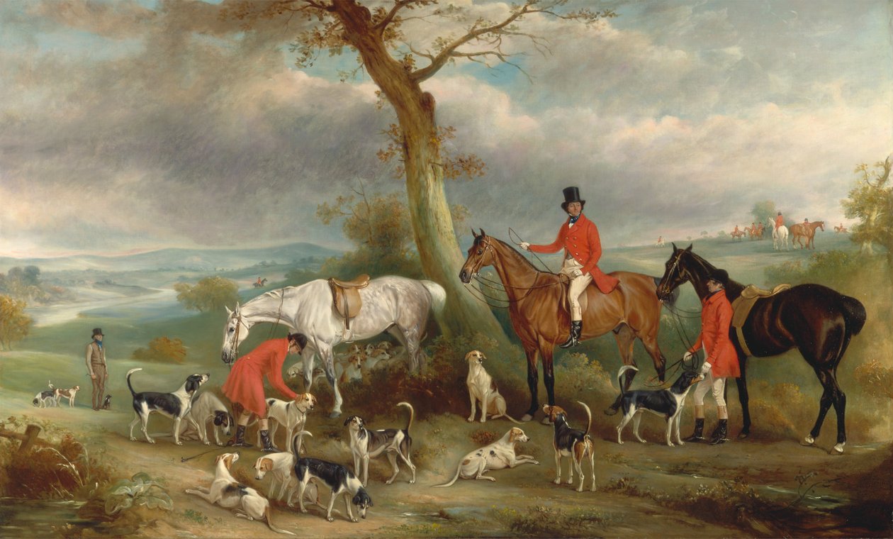 Thomas Wilkinson, M.F.H., met de Hurworth Foxhounds door John E. Ferneley
