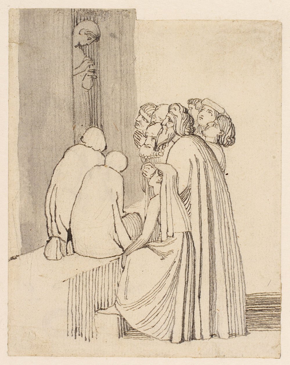 Een bedelaarsfamilie rond een deur door John Flaxman