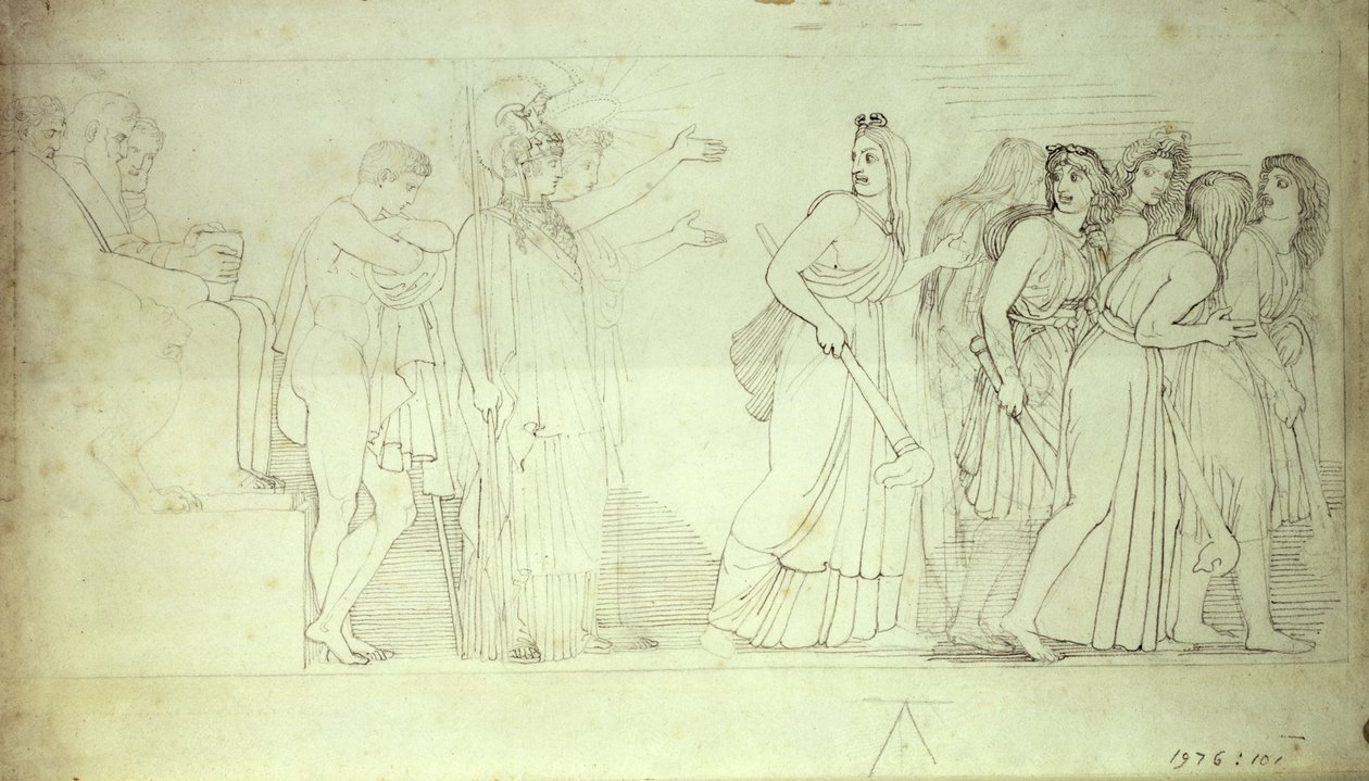 De Furiën Vertrekken van Athena, Apollo en Orestes, 18e eeuw door John Flaxman