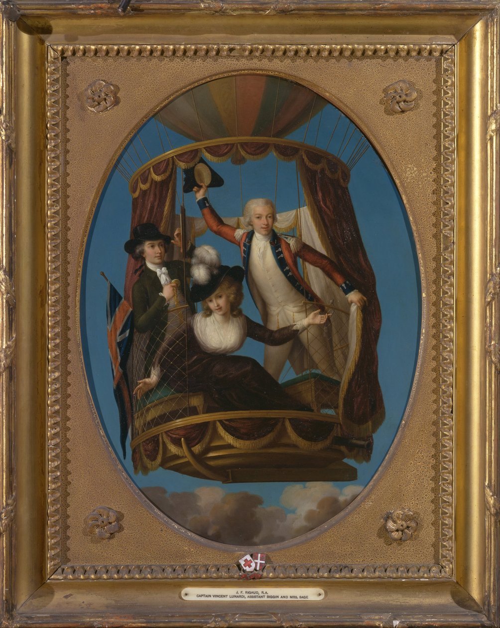 Kapitein Vincenzo Lunardi met zijn Assistent George Biggin, en Mevrouw Letitia Anne Sage, in een Luchtballon door John Francis Rigaud