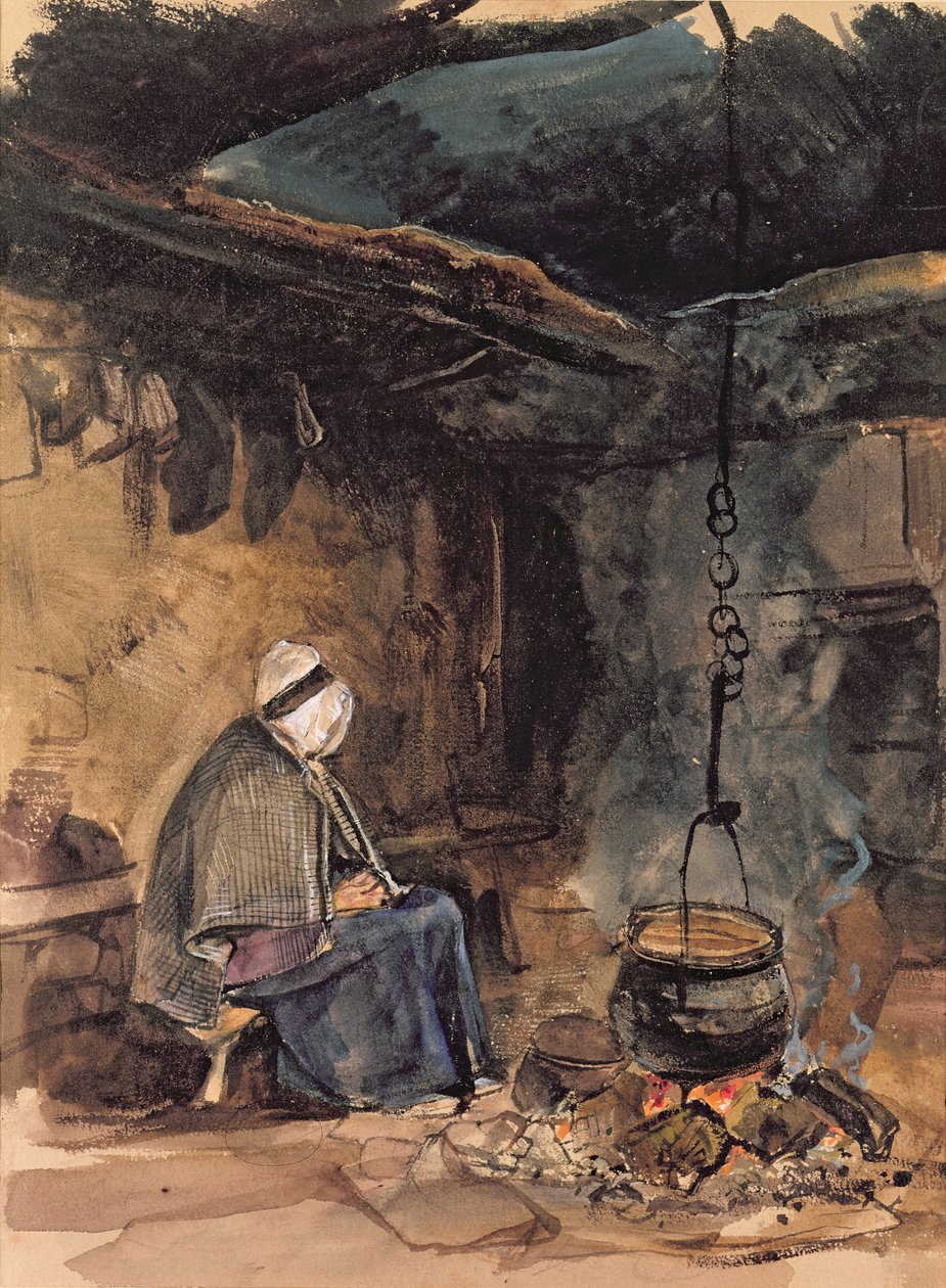 De pot laten koken - een interieur van een huisje door John Frederick Lewis