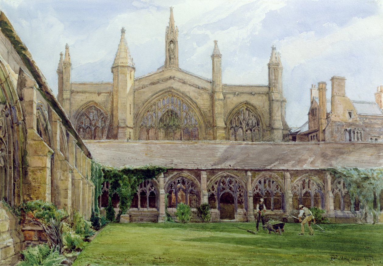 Kloosters van New College met tuinman, 1887 door John Fulleylove