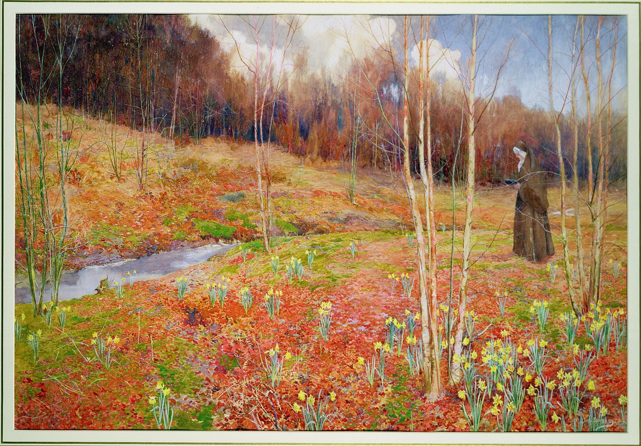 Een landschap in de lente, met een non wandelend tussen narcissen door John George Sowerby
