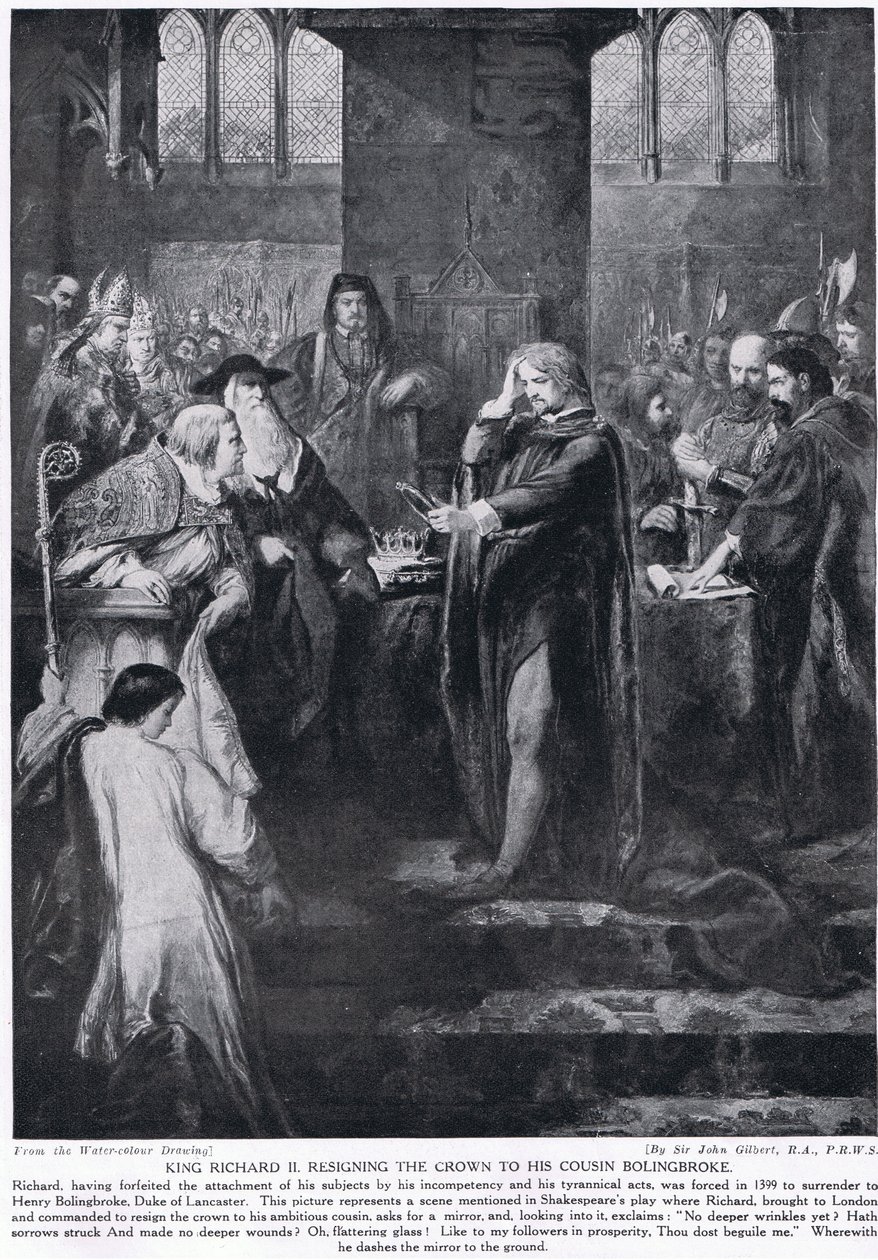 Koning Richard II geeft de kroon aan zijn neef Bolingbroke, illustratie uit 