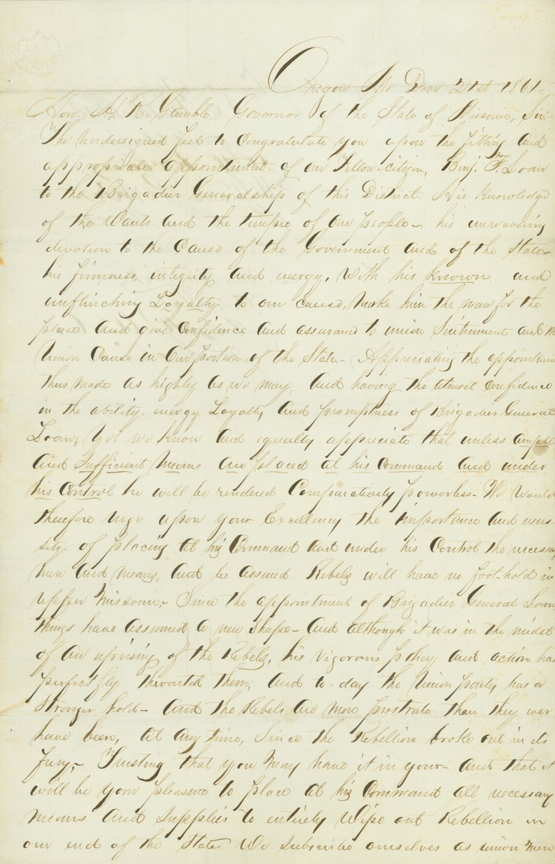 Een verzoek om financiering en bevoorrading van de militie onder generaal Benjamin Loan door John H.C. Curtis