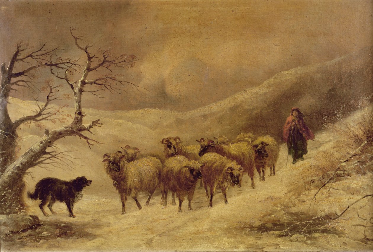 Herderin in de sneeuw, 1845-1900 door John Joseph Barker