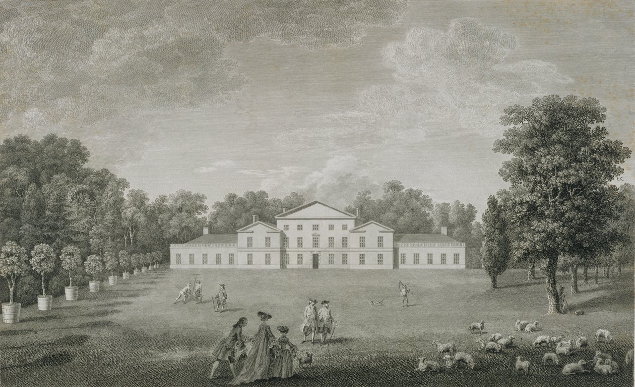 Uitzicht op het paleis in Kew vanaf het gazon, gegraveerd door William Woollett (1735-85) 1763 door John Joshua Kirby