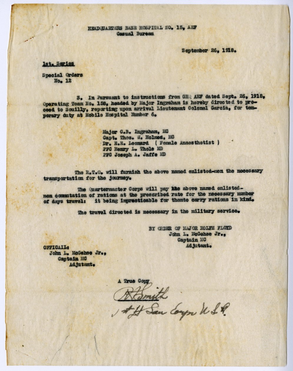 Special Orders No. 12 Extract, Headquarters Base Hospital No. 15, Casual Bureau, op bevel van Rolfe Floyd, 26 september 1918 door John L. McGehee