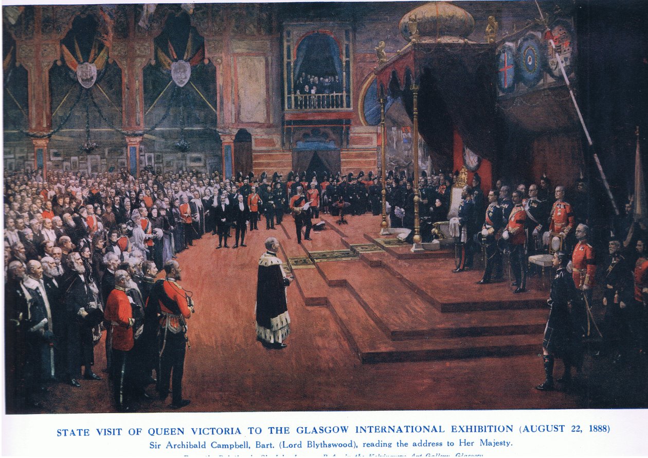 Staatsbezoek van Koningin Victoria aan de Glasgow International Exhibition (22 augustus 1888), uit Cassells History of the British People gepubliceerd door de Waverley Book Company Limited, ca. 1940 door John Lavery