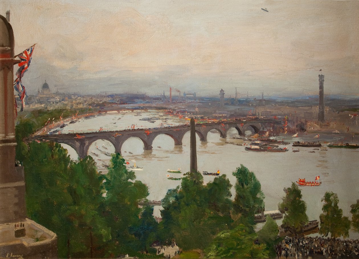 De Rivieroptocht, gezien vanuit het huis van Sir James Barrie, Adelphi Terrace, Londen, 4 augustus 1919, 1919 door John Lavery