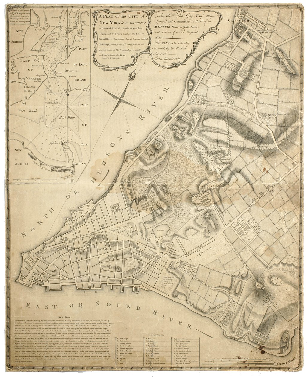 Een plan van de stad New York en zijn omgeving tot Greenwich aan de Noord (Hudson) Rivier tot Crown Point aan de East River, onderzocht 1766, 1775 (lithografie) door John Montresor