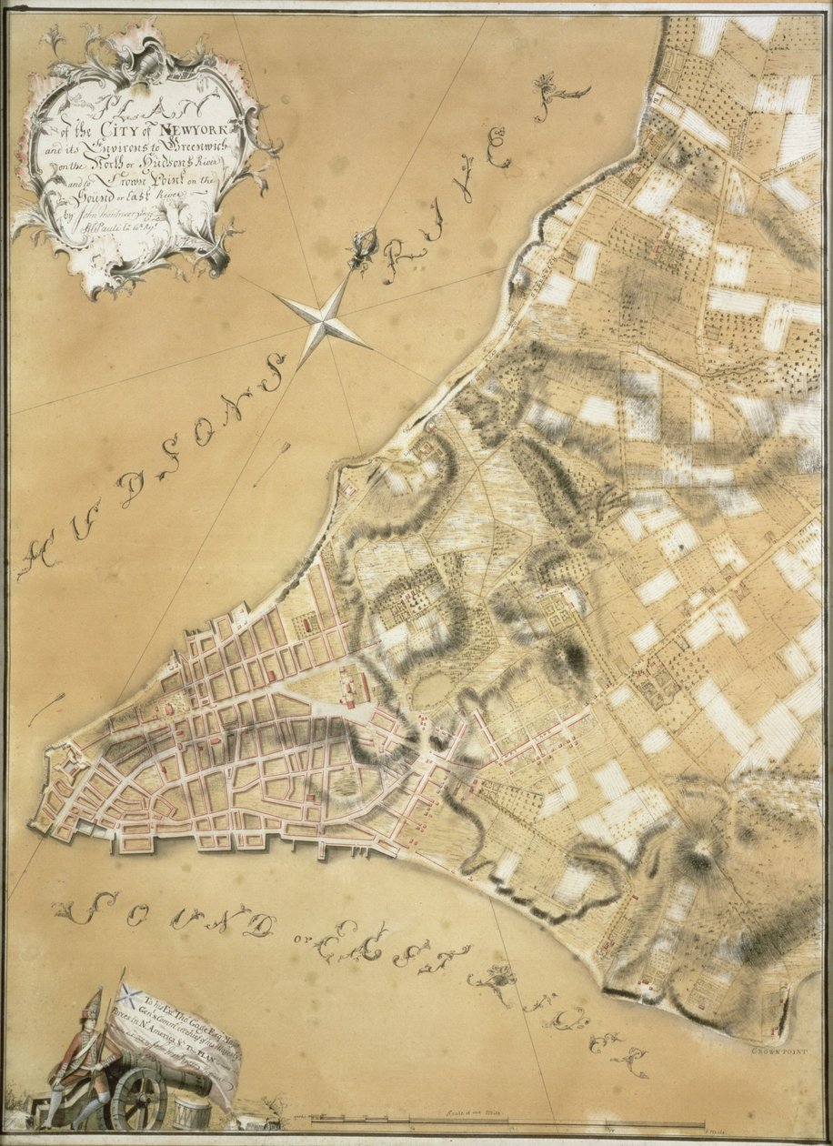 Vroege kaart van de stad New York en omgeving tot Greenwich, 1766 door John Montresor