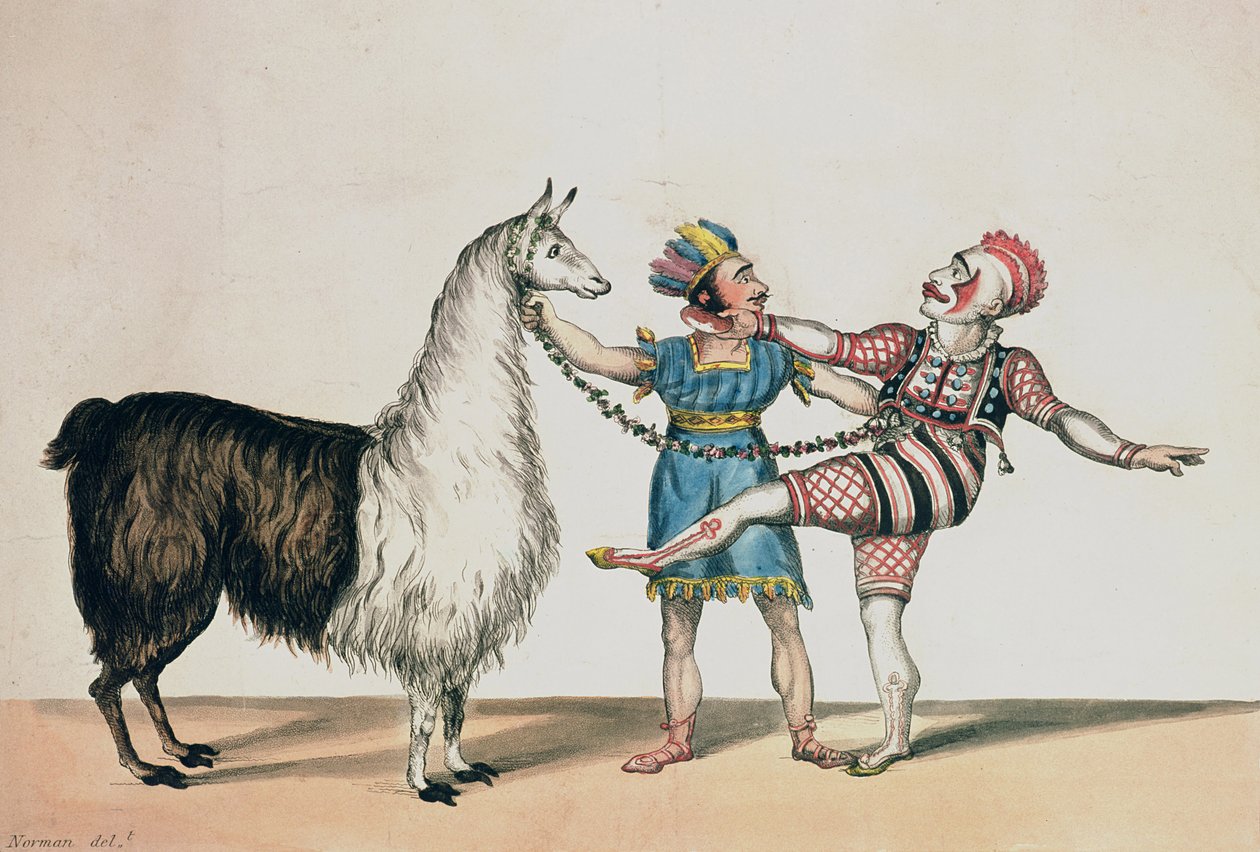 Grimaldi en de Alpaca, in de Populaire Pantomime van de Rode Dwerg, uitgegeven in Londen door John Norman