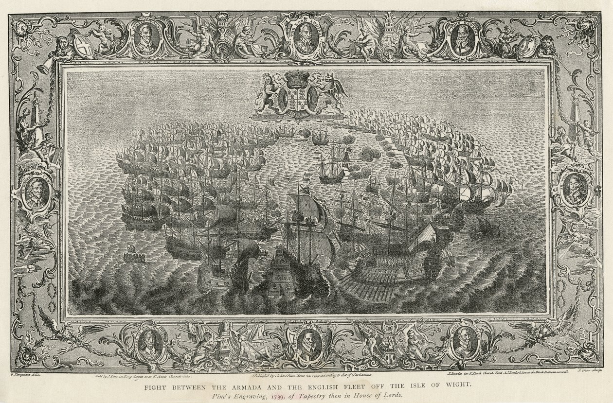 Gevecht tussen de Armada en de Engelse vloot bij het Isle of Wight, 1739 door John Pine