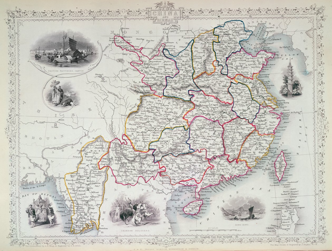 Kaart van China en Birma, 1851 door John Rapkin