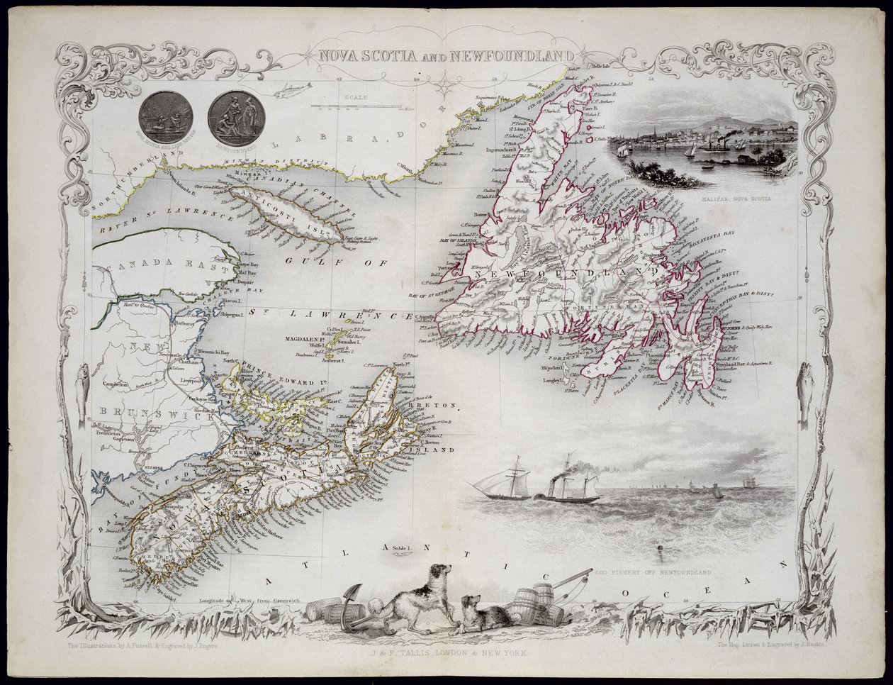 Nova Scotia en Newfoundland, uit een serie wereldkaarten gepubliceerd door John Tallis und Co., New York und Londen, 1850s door John Rapkin