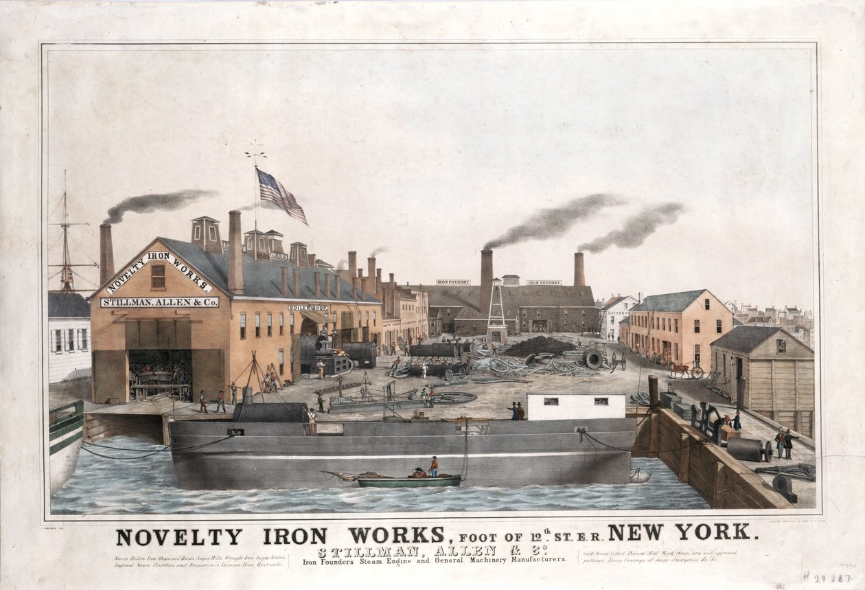 Novelty Iron Works, Stillman, Allen & Co. Stoommachine en algemene machinefabrikanten, voet van 12th Street, East River, New York, ca. 1841-1844 door John Ritto Penniman