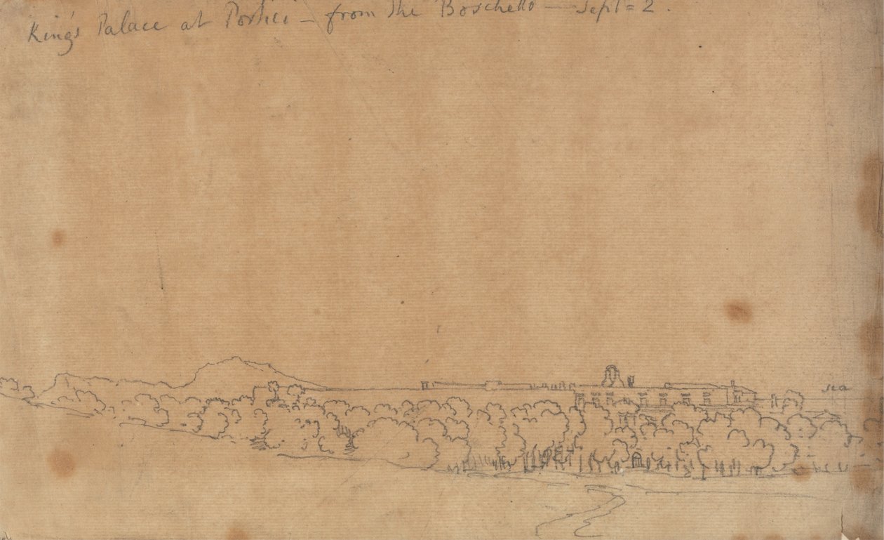 Koningspaleis in Portici vanuit de Boschetto, 2 september door John Robert Cozens