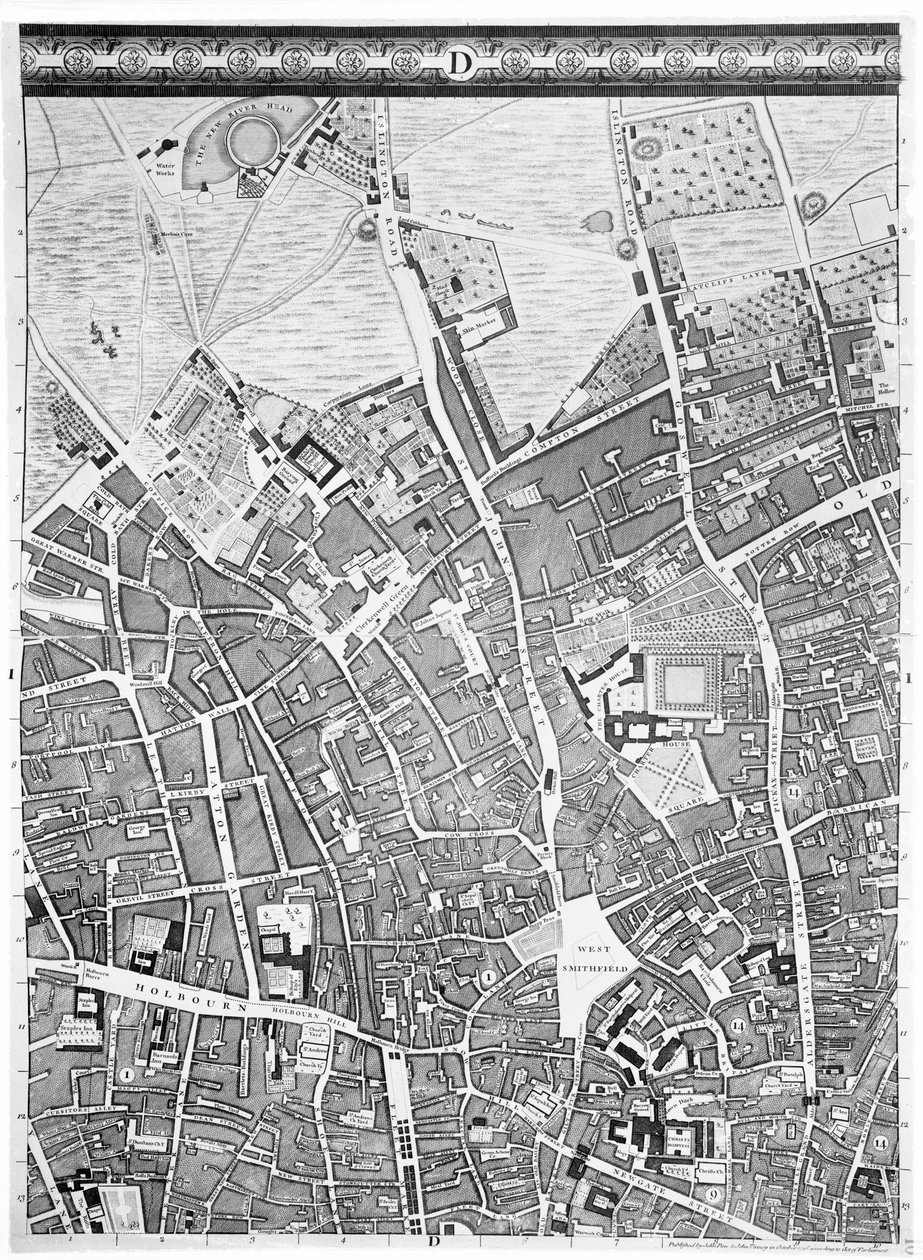 Een kaart van Clerkenwell, City of London, 1746 door John Rocque