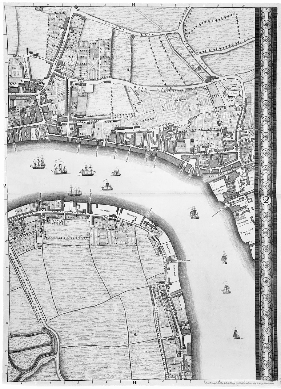 Een Kaart van Limehouse en Rotherhithe, Londen, 1746 door John Rocque